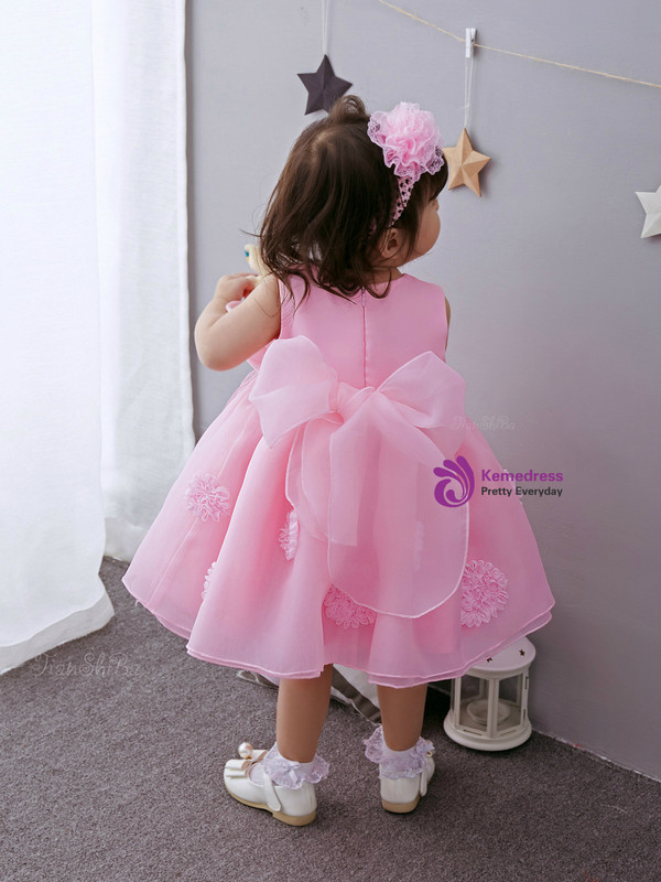 In Stock:Ship in 48 Hours Pink Organza With Bow Little Girl Dress