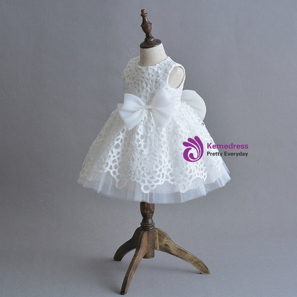 In Stock:Ship in 48 Hours White Lace Tulle Bow Little Girl Dress