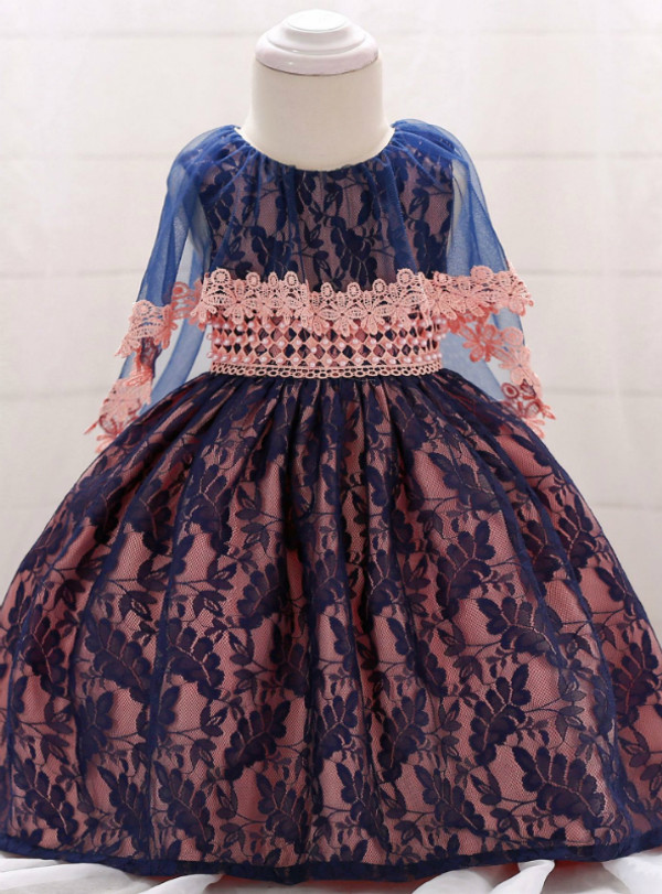 In Stock:Ship in 48 Hours Pink Tulle Blue Lace Little Girl Dress