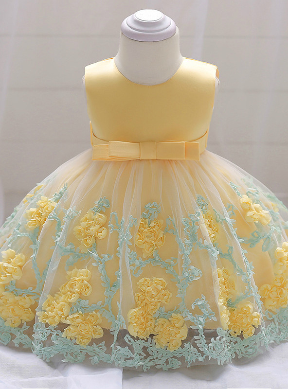 In Stock:Ship in 48 Hours Yellow Tulle Flower Litter Girl Dress