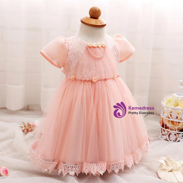 In Stock:Ship in 48 Hours Pink Short Sleeve Tulle Litter Girl Dress