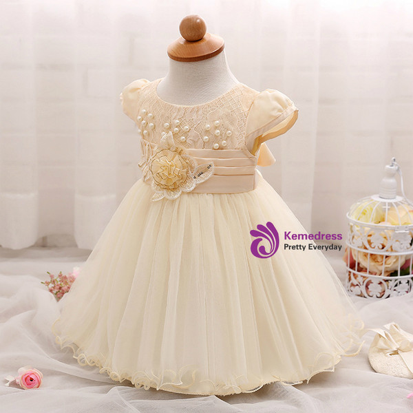 In Stock:Ship in 48 Hours Yellow Cap Sleeve Pearls Litter Girl Dress