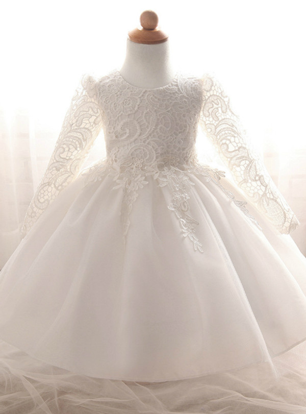 In Stock:Ship in 48 Hours White Tulle Lac Long Sleeve Litter Girl Dress