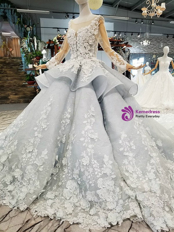Blue Ball Gown Tulle Long Sleeve Appliques Flower Wedding Dress