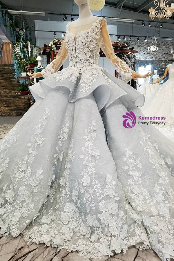 Blue Ball Gown Tulle Long Sleeve Appliques Flower Wedding Dress