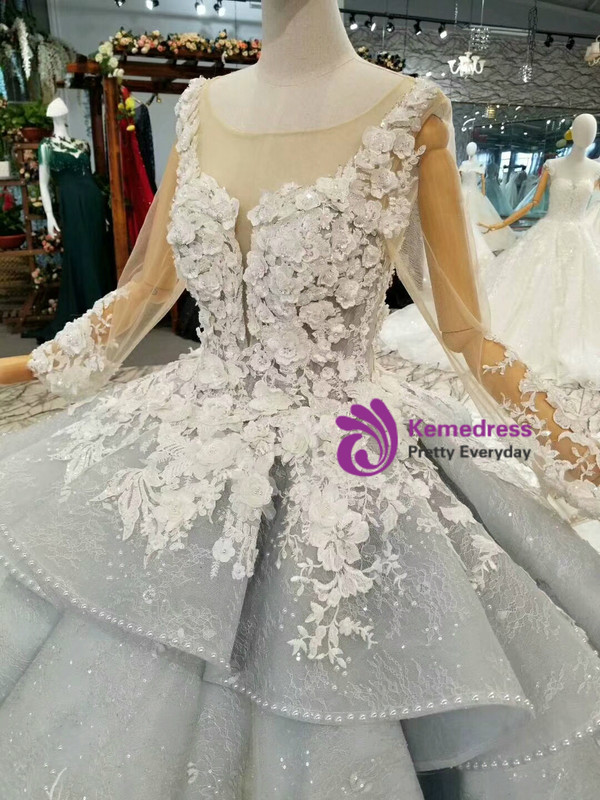 Blue Ball Gown Tulle Long Sleeve Appliques Flower Wedding Dress