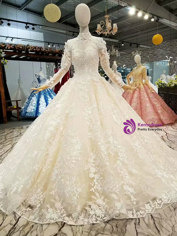 Ball Gown Long Sleeve High Neck Appliques Floor Length Wedding Dress