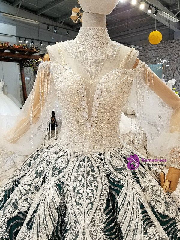 Dark Green Ball Gown Spaghetti Straps Long Sleeve Sequins Wedding Dress