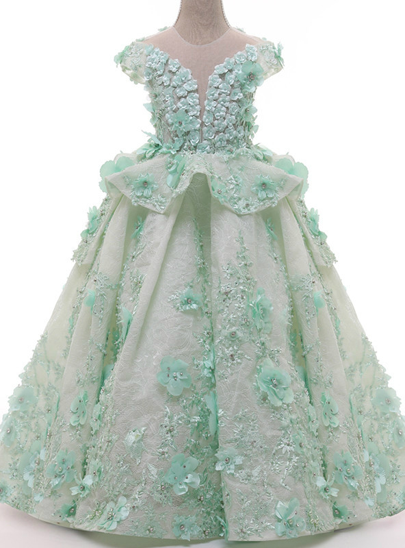 Mint Green Ball Gown Lace Short Sleeve Pearls Flower Girl Dresses