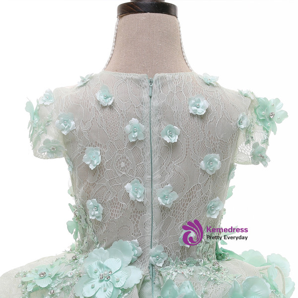 Mint Green Ball Gown Lace Short Sleeve Pearls Flower Girl Dresses