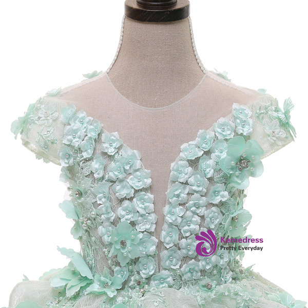 Mint Green Ball Gown Lace Short Sleeve Pearls Flower Girl Dresses