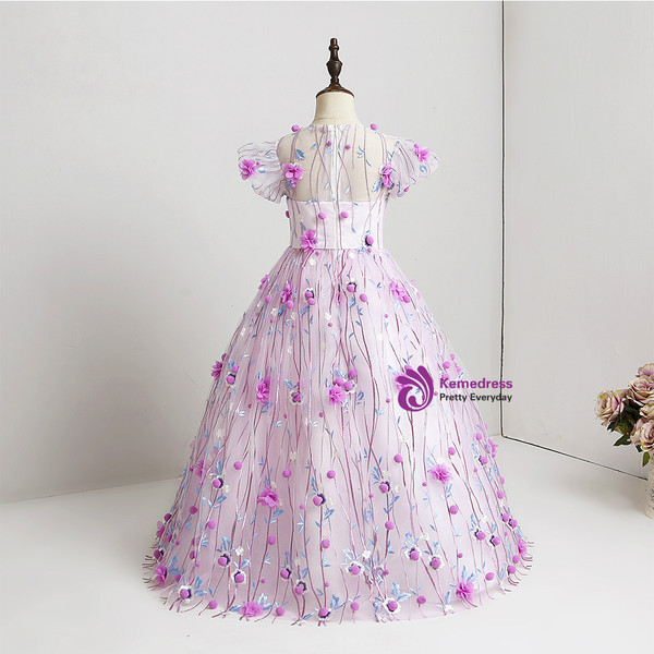 Purple Ball Gown Floor Length Tulle 3D Floral Flower Girl Dress