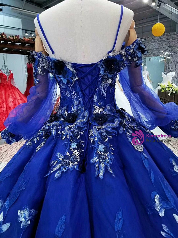 Blue Ball Gown Spaghetti Straps Long Sleeve Backless Wedding Dress