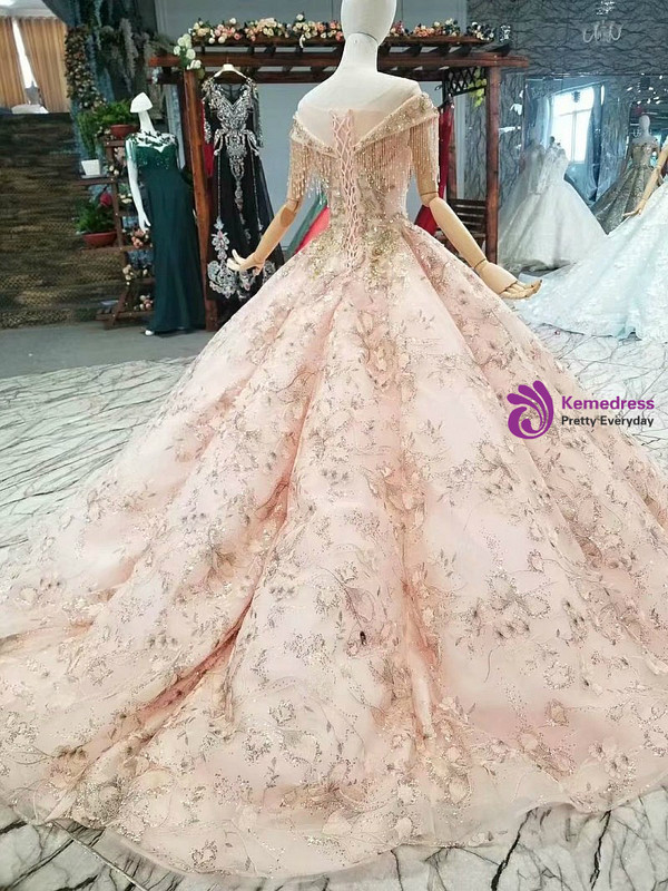 Pink Ball Gown Off The Shoulder Sequins With Beading Wedding Dress