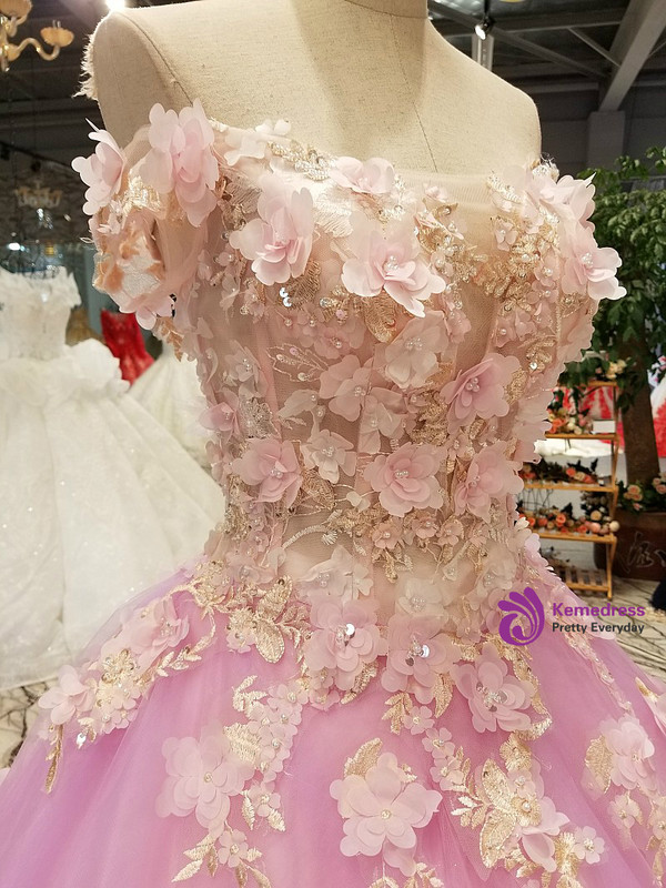 Pink Ball Gown Tulle Appliques Off The Shoulder Wedding Dress