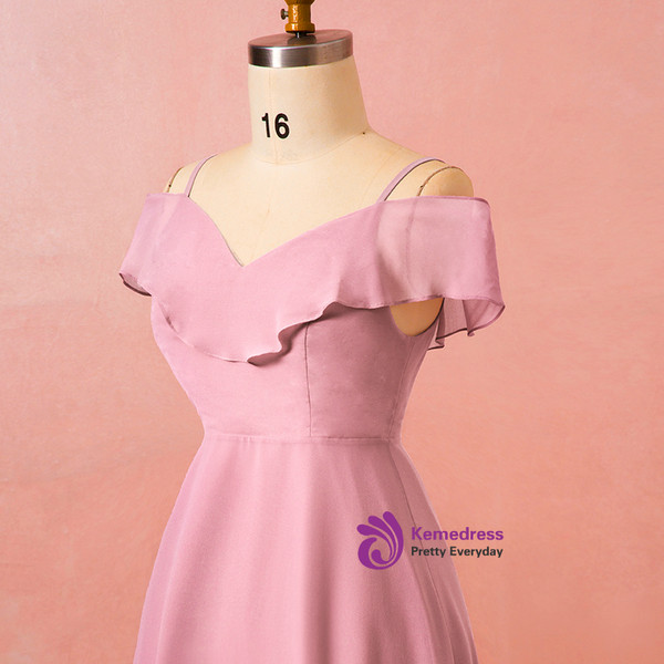 Plus Size Pink Chiffon Spaghetti Straps Floor Length Prom Dress