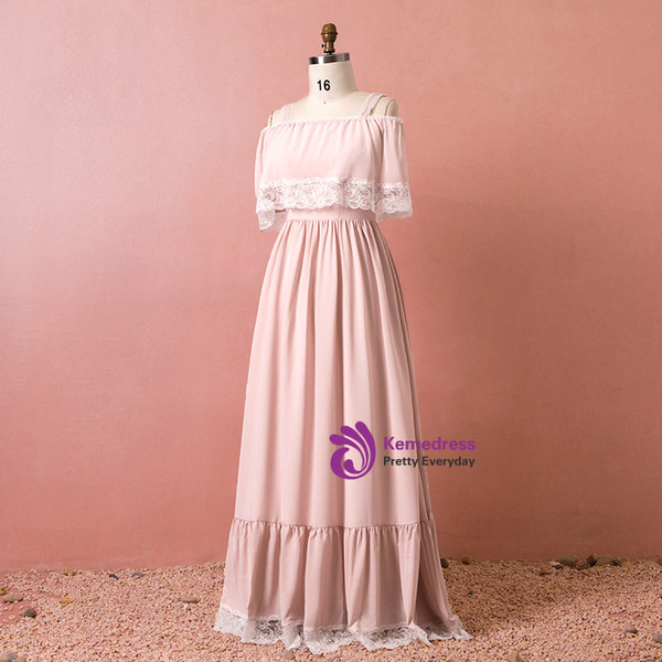Plus Size Pink Chiffon Lace Straps Floor Length Prom Dress