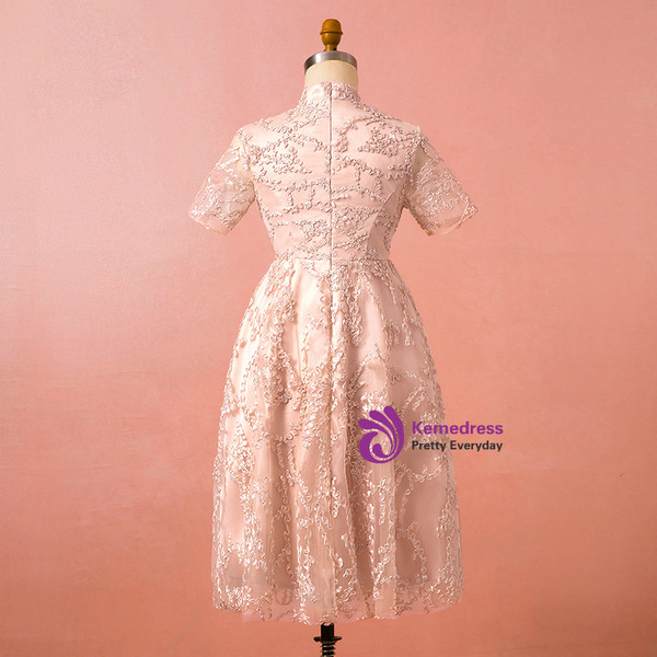 Plus Size Pink Lace High Neck Short Sleeve Knee Length Prom Dress