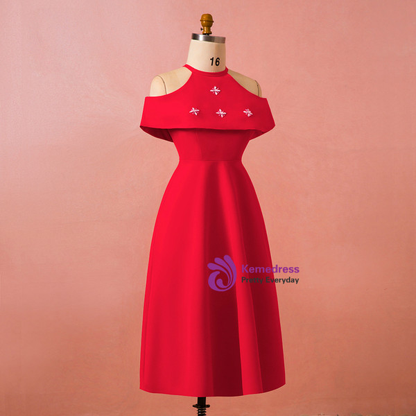 Plus Size Red Halter Short Satin Knee Length Prom Dress