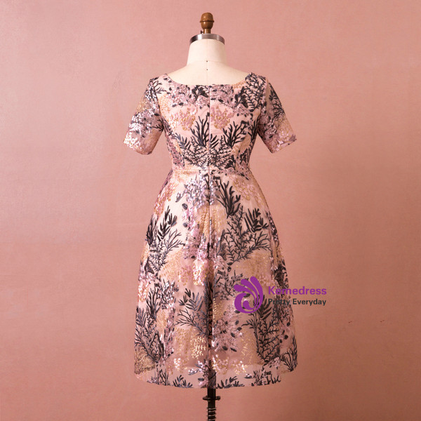 Plus Size Pink Tulle Embroidery Short Sleeve Prom Dress