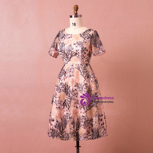 Plus Size Pink Tulle Embroidery Short Sleeve Prom Dress