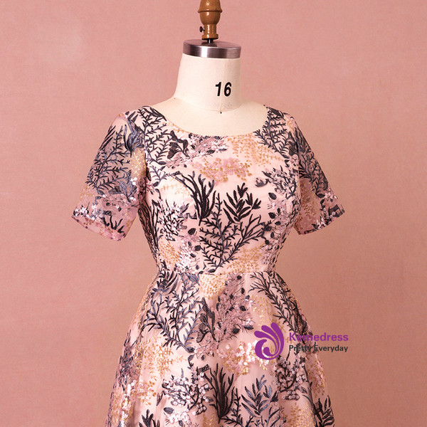 Plus Size Pink Tulle Embroidery Short Sleeve Prom Dress