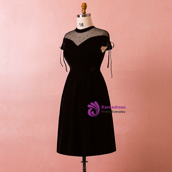 Plus Size Black Velvet Cap Sleeve High Neck Short Prom Dress