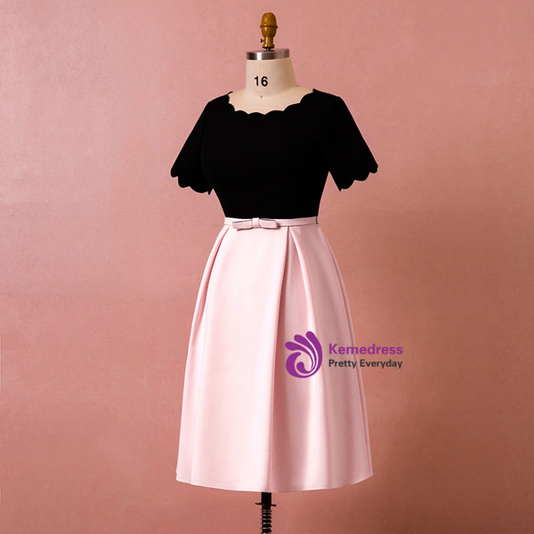 Plus Size Pink Black Satin Short Sleeve With Bow Short Prom Dress