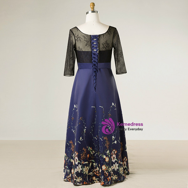 Plus Size Blue V-neck Print Satin Lace Short Sleeve Prom Dress