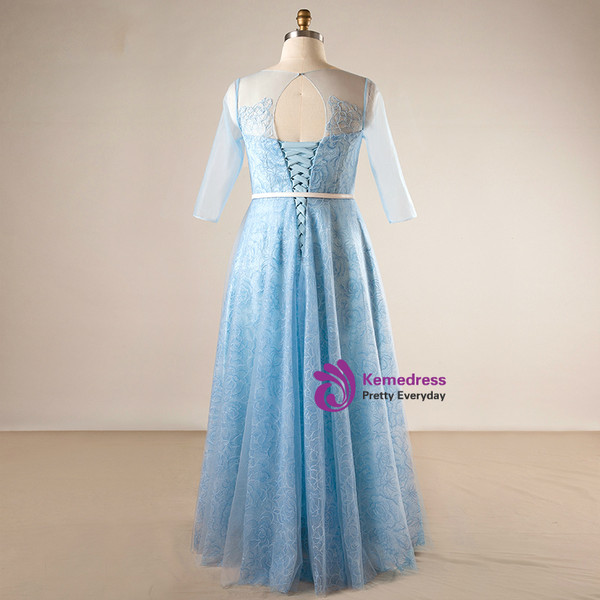 Plus Size Blue Tulle Print Short Sleeve Backless Prom Dress