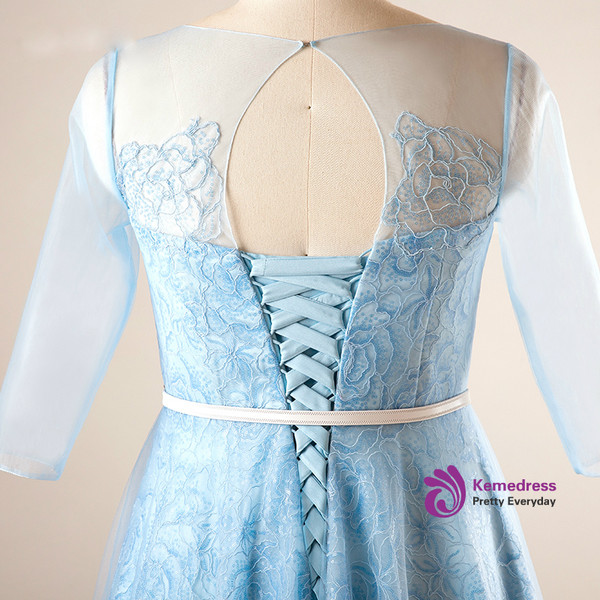 Plus Size Blue Tulle Print Short Sleeve Backless Prom Dress