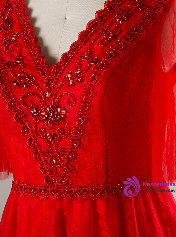 Plus Size Red Tulle V-neck Backless Floor Length Prom Dress