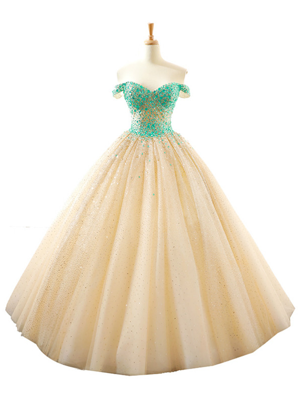 Ball Gown Champagne Tulle Sequins Off The Shoulder Wedding Dress