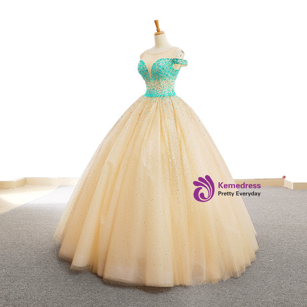 Champagne Ball Gown Tulle Crystal Backless Wedding Dress