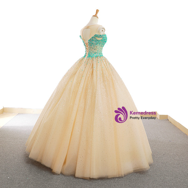 Champagne Ball Gown Tulle Crystal Backless Wedding Dress