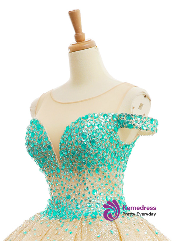 Champagne Ball Gown Tulle Crystal Backless Wedding Dress