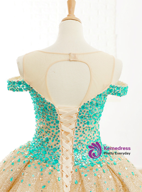 Champagne Ball Gown Tulle Crystal Backless Wedding Dress