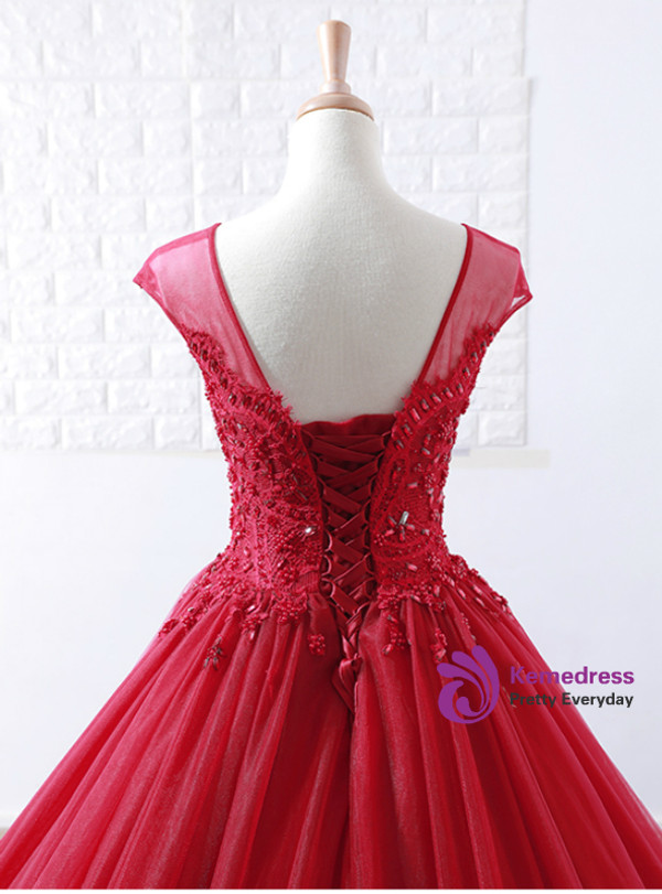 Ball Gown Burgundy Tulle Appliques Backless Wedding Dress