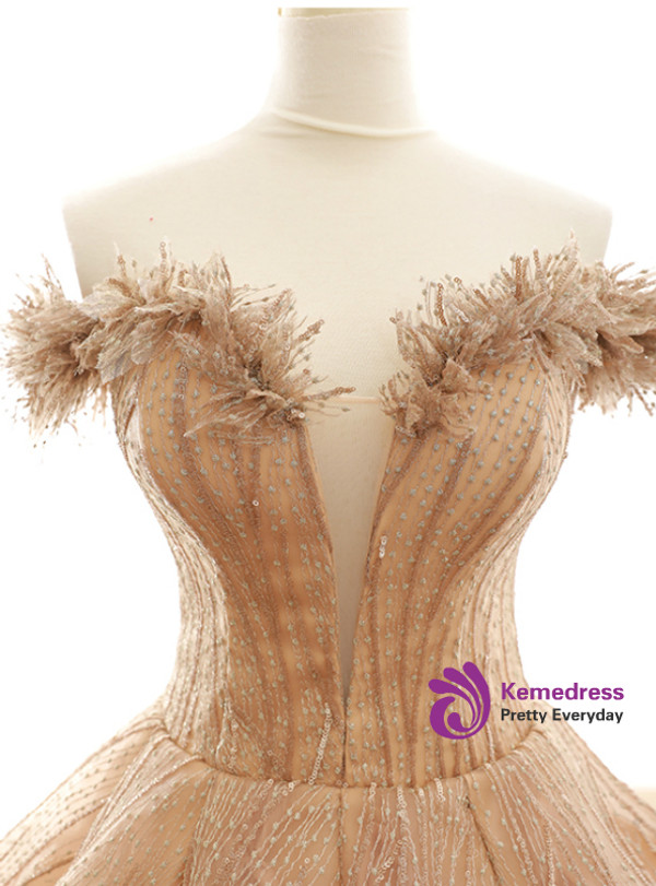 Champagne Ball Gown Off  The Shoulder Sequins Long Wedding Dress