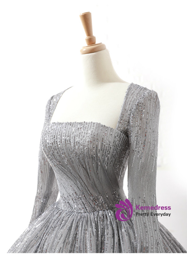 Gray Ball Gown Sequins Long Sleeve Backless Wedding Dress