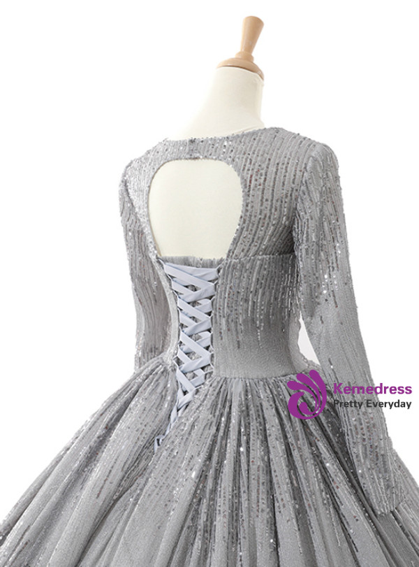 Gray Ball Gown Sequins Long Sleeve Backless Wedding Dress