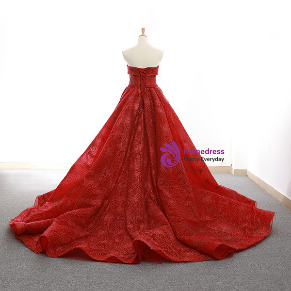 Red Sequins Sweetheart Neck Backless Train Wedding Dress