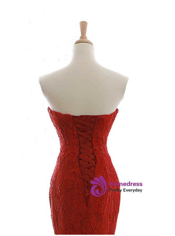 Burgundy Mermaid Strapless Sequins Backless Wedding Dress