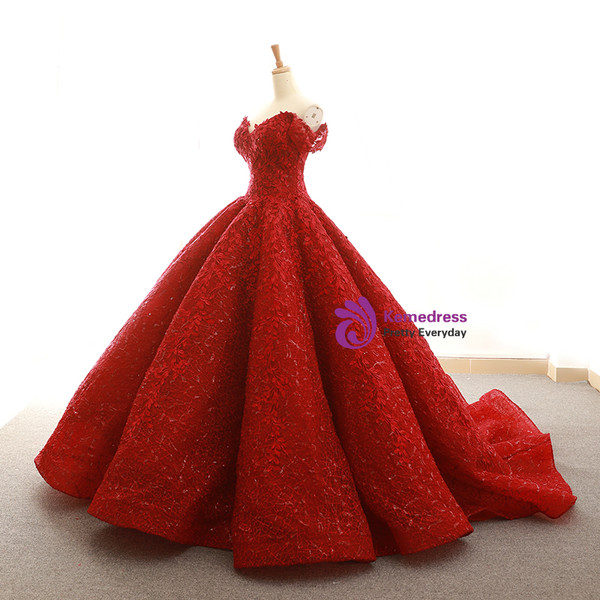 Burgundy Ball Gown Off The Shoulder Appliques Wedding Dress