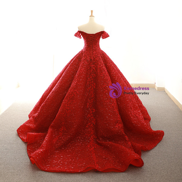 Burgundy Ball Gown Off The Shoulder Appliques Wedding Dress