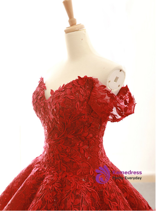 Burgundy Ball Gown Off The Shoulder Appliques Wedding Dress