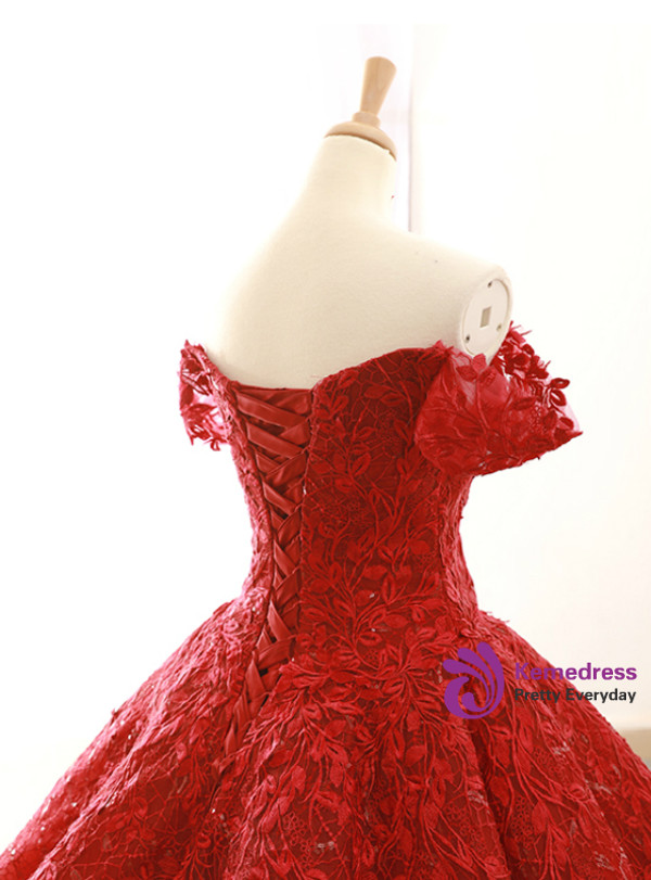 Burgundy Ball Gown Off The Shoulder Appliques Wedding Dress