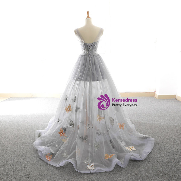 Gray V-neck Tulle Backless Butterfly Floor Length Wedding Dress