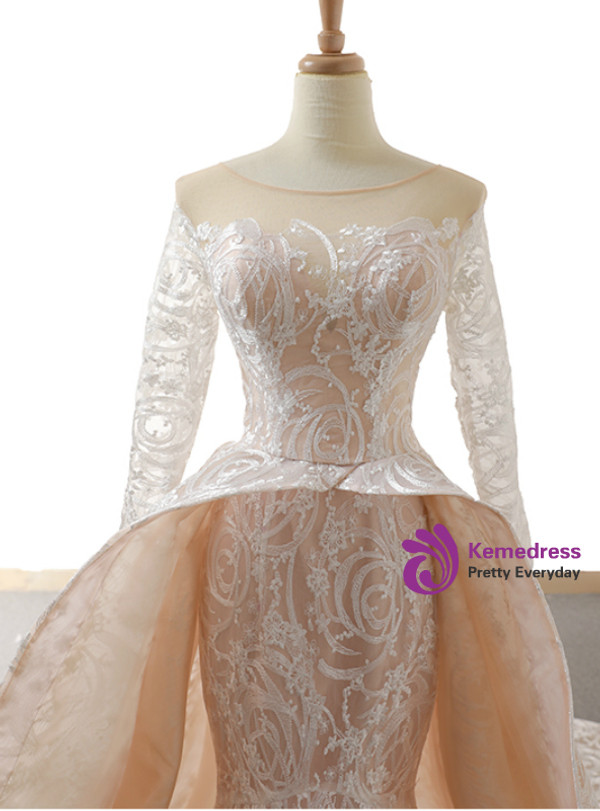 Champagne Mermaid Lace Long Sleeve Backless Train Wedding Dress