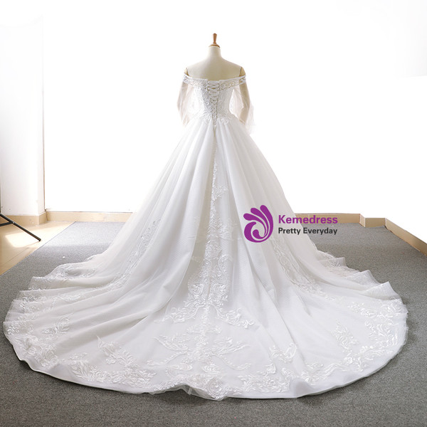 White Ball Gown Off The Shoulder Long Sleeve Appliques Wedding Dress
